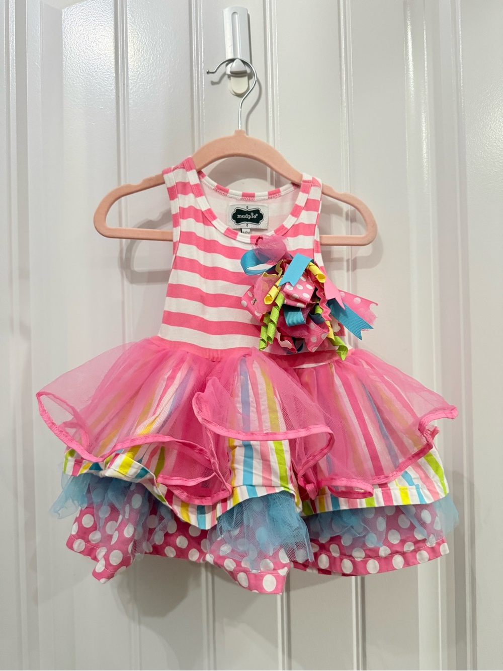 Mud Pie Pink Striped Layered Tulle Dress with Multi-Color Accents
